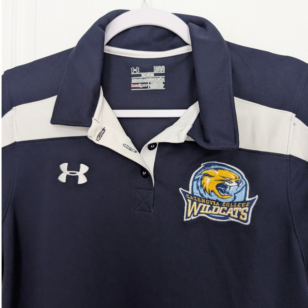 Under Armour Cazenovia College Wildcats Polo Shirt Navy Blue Women LG HeatGear